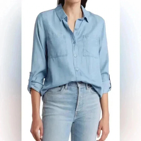 Nanette Lepore Tops - Nanette Lepore denim color button down faded vintage wash long sleeve blouse S
